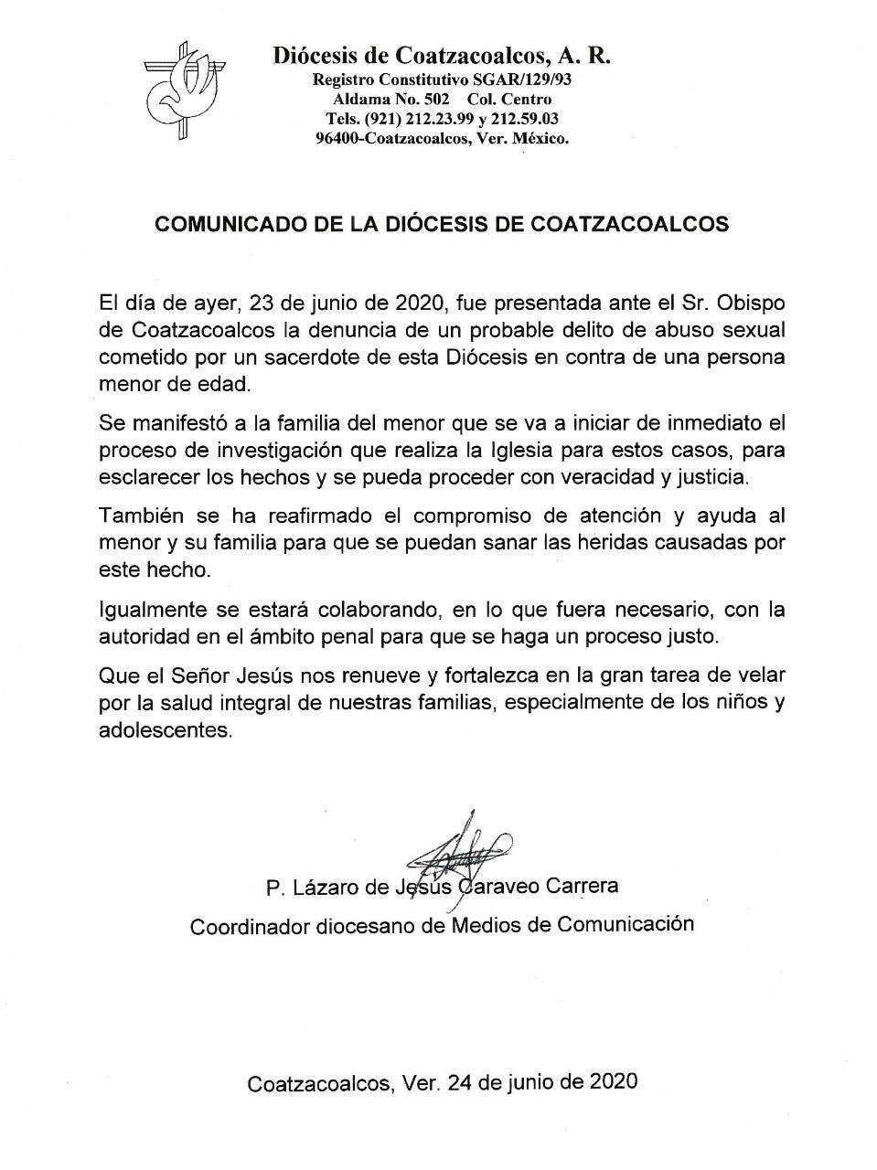 Diócesis de Coatzacoalcos pide "proceso justo" para sacerdote acusado de intentar abusar de un menor