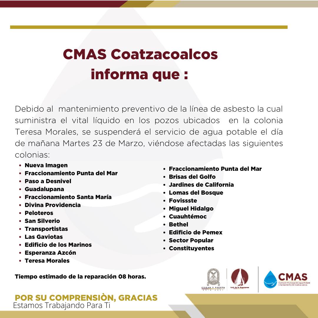 Coatza sin agua; conoce las colonias que no contarán con el vital líquido