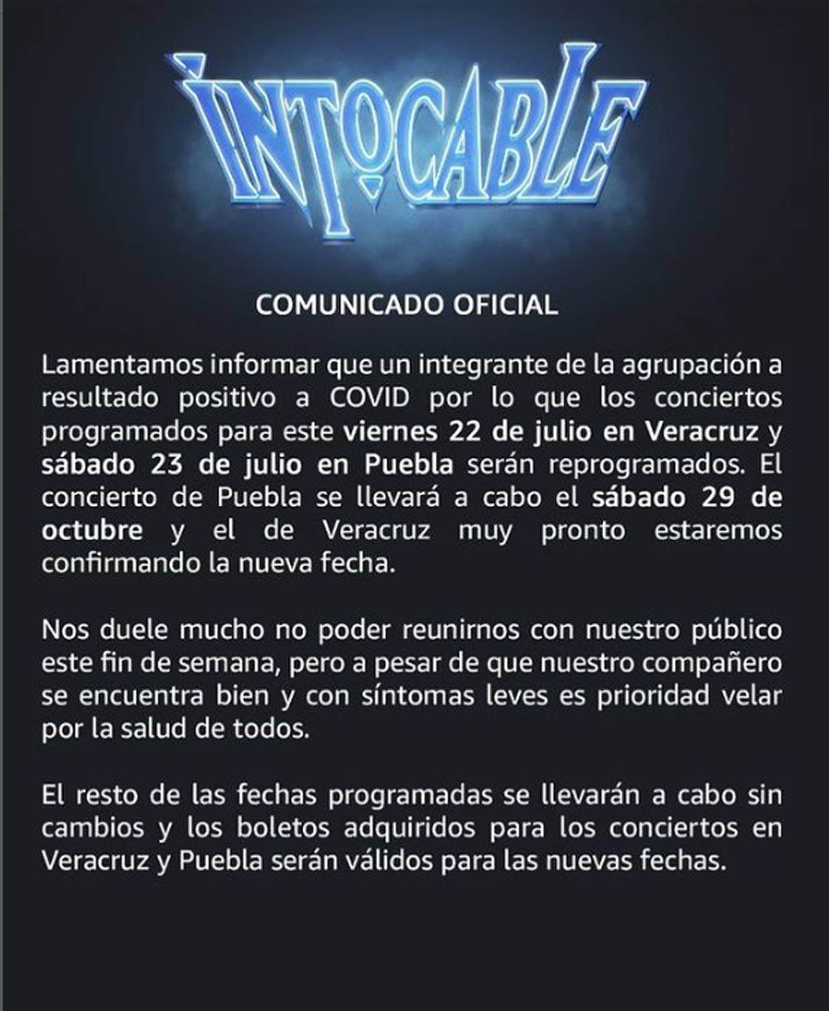 Intocable en Veracruz: Cancelan concierto por contagio de Covid