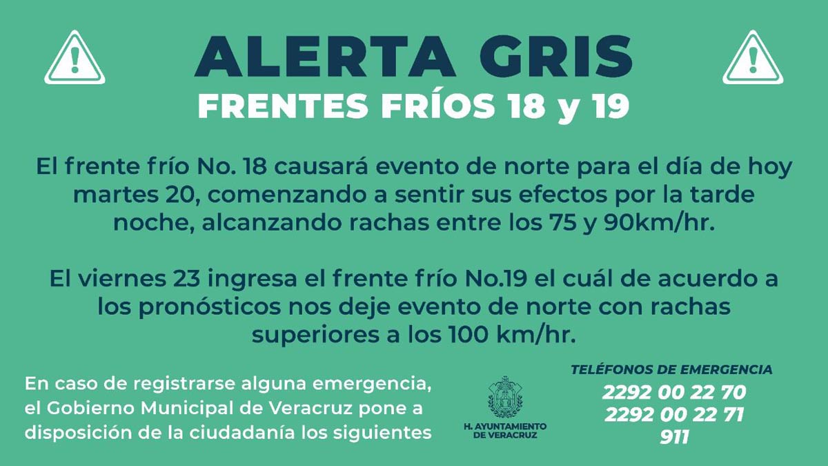 Alerta Gris en Veracruz: Amenazan frentes fríos 18 y 19