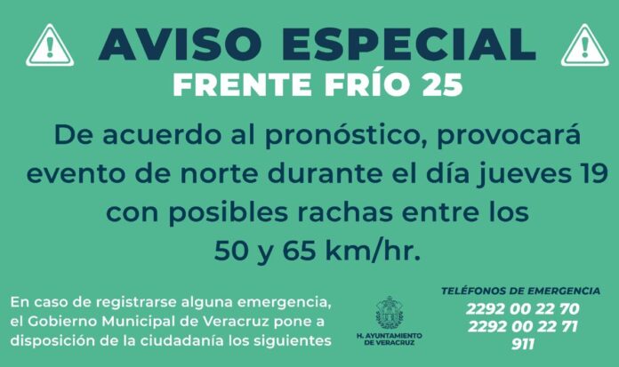 Alertan de Frente Frío 25 en Veracruz