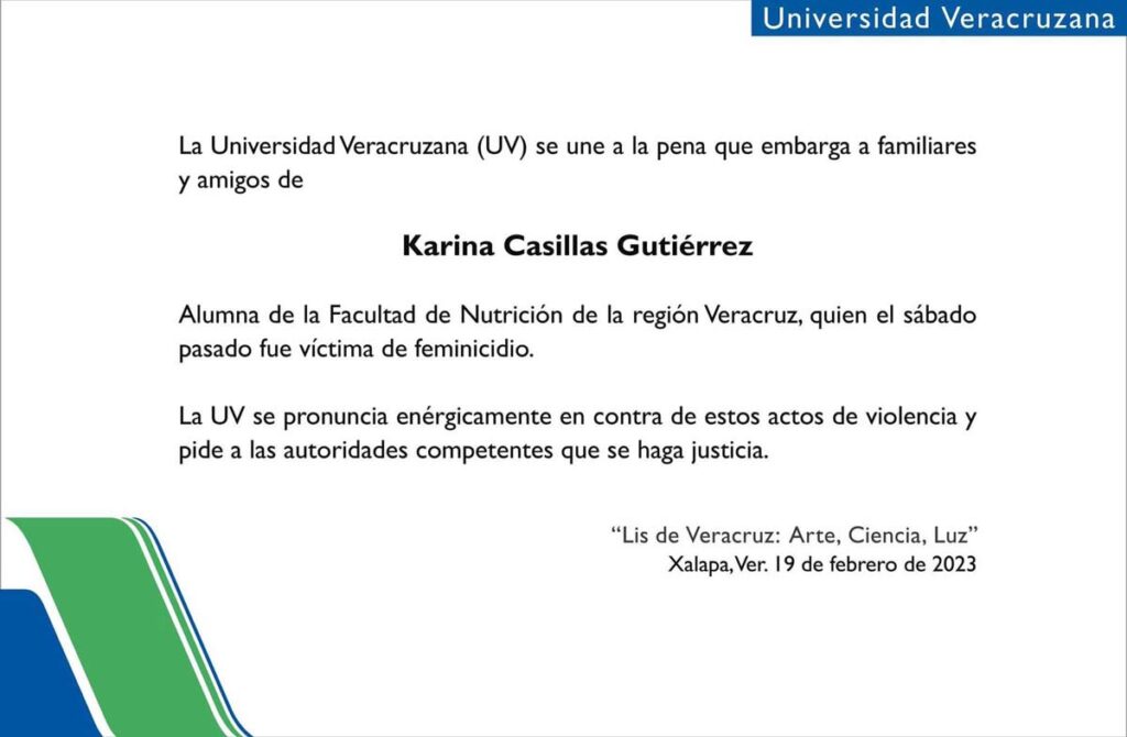 UV condena homicidio de estudiante Karina Casillas