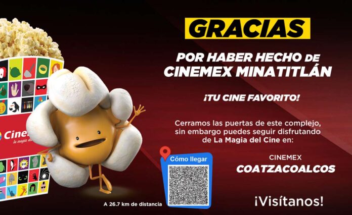 Cinemex Minatitlán ya no llegó al 2024; anuncia su cierre