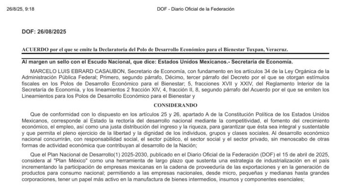 Diario Oficial publica declaratoria de Tuxpan como Polo de Desarrollo