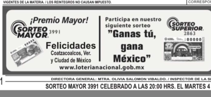 Coatza sigue de suerte en 2025, cae quinto cachito ganador de la Loteria en Coatzacoalcos