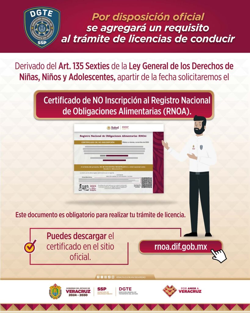 Certificado de no adeudo alimentario, nuevo requisito para tramitar licencia de conducir en Veracruz