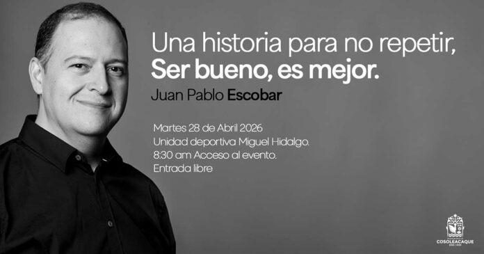 Juan Pablo Escobar llegará a Cosoleacaque con un mensaje de paz este 28 de abril Cosoleacaque, Ver. – El presidente municipal, Cirilo Vázquez Parissi, anunció la presentación del conferencista internacional Juan Pablo Escobar, quien estará en Cosoleacaque el próximo 28 de abril, compartiendo un mensaje de paz dirigido a toda la ciudadanía. Sebastián Marroquín es arquitecto, diseñador industrial y escritor colombiano, reconocido por ser hijo de Pablo Escobar. Tras el exilio, decidió cambiar su identidad y enfocar su vida en promover la reflexión, la paz y la no repetición de la violencia, convirtiéndose en un activo conferencista y crítico del legado de su padre. Por ello, Vázquez Parissi invita al público en general a asistir a la conferencia “Una historia para no repetir”, que se llevará a cabo el próximo martes en las instalaciones de la Unidad Deportiva Miguel Hidalgo, en la cabecera municipal de Cosoleacaque, el acceso al evento será a partir de las 8:30 a.m. Porque siempre será mejor elegir el bien y tomar decisiones correctas, asiste y escucha el mensaje que tiene para ti, Juan Pablo Escobar.